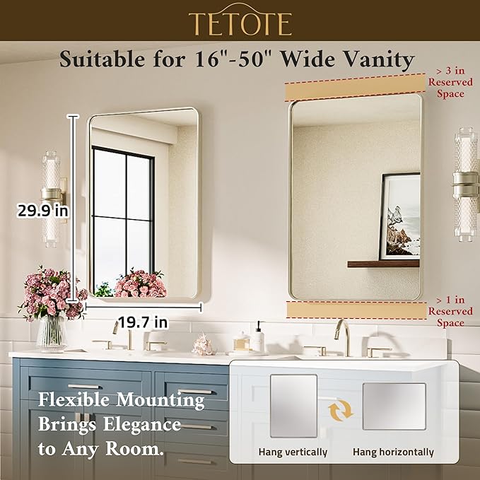 TETOTE Brushed Nickel Bathroom Mirror 20 x 30 Brushed Nickel Metal Framed Bathroom Mirror, Tempered Glass, Modern Farmhouse Wall Mounted Mirror for Decorative(Horizontal/Vertical)