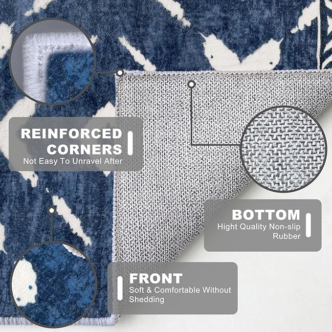 KILOCOCO Hallway Runner Rug 2.6'x12' Runners for Hallways Washable Runner Soft Non Slip Printed Geometric Low-Pile Rugs Runners for Bedroom Kitchen Living Room Boho Rugs, Blue