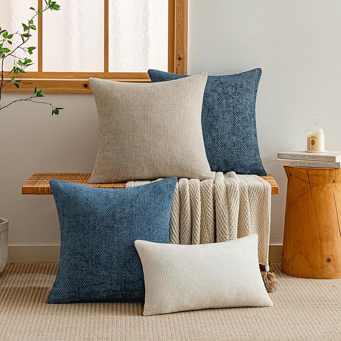 a moment Ocean Blue Chenille Throw Pillow Covers 20x20 Inch Pack of 2 Modern Decorative Throw Pillow Covers Farmhouse Cross Covers Home Decor for Sofa Bedroom Living Room