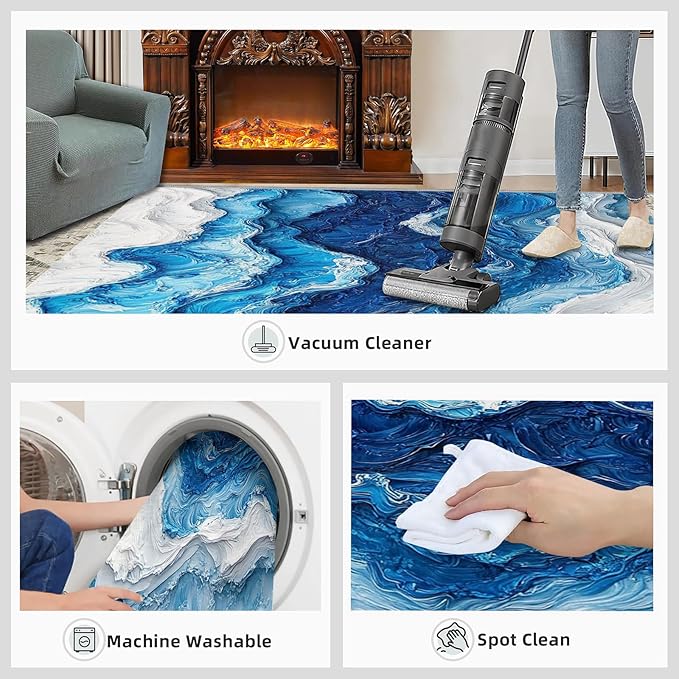 3x6 Ocean Waves Bedroom Rug Under Bed - Abstract Waves Kids Room Rugs, Abstract Art Bedroom Runner Rug Soft Washable for Living Room Kitchen