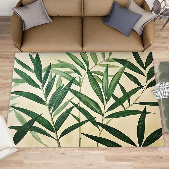 6x9 Bamboo Leaves Living Room Rug - Realistic Botanical Art Bedroom Carpet, Minimalist Leaves Classroom Rug for Carpet Boy Bedroom Office Nursery Hardwood Home Decor