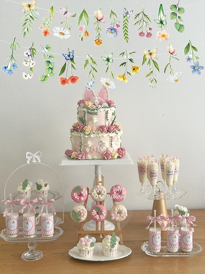Pre-Strung Flower Garland Wildflower 2PCS Birthday Banner Tea Party Supplies Decorations Butterfly Floral Spring Leaf Daisy Bridal Shower Wedding Gard