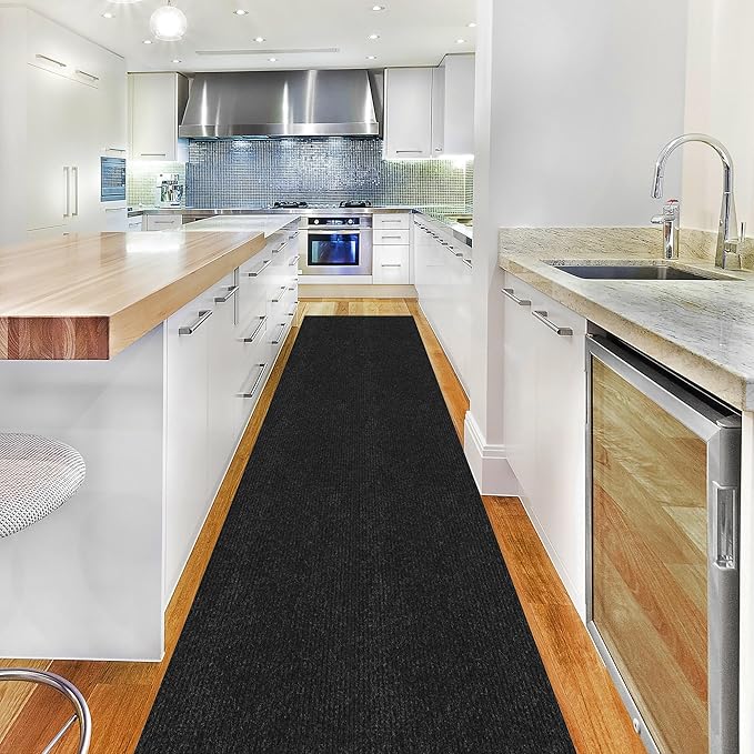 Ottomanson 2' x 21' Hallway Runner with Scraper Pile Extra Durable Non-Slip Rug Mat for Indoor & Outdoor Use - Ideal for Kitchen, Entryway, Patio & Garage - High-Traffic Carpet, Black