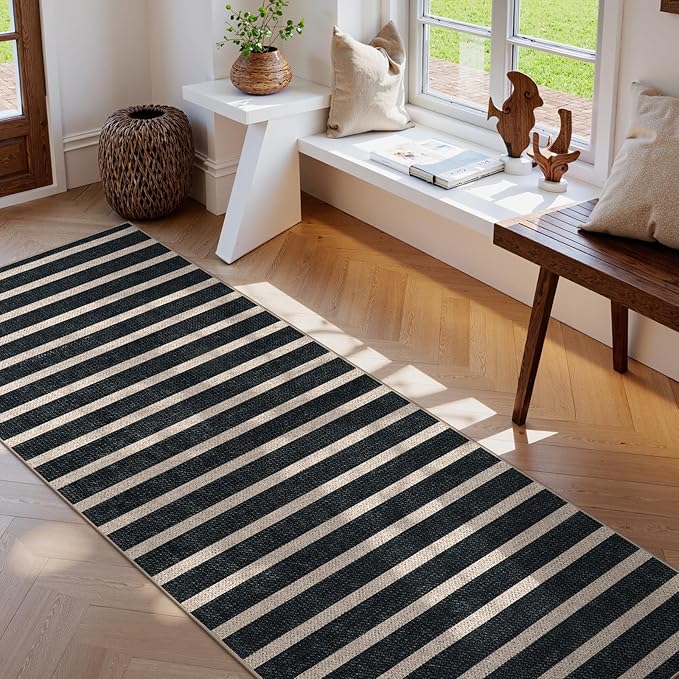 Lahome Striped Easy Jute Runner Rug, 2x8 Kitchen Rug Non Slip Washable Outdoor Runner for Entryway Indoor, Farmhouse Black Indoor Outdoor Carpet for Hallway 8ft Entry