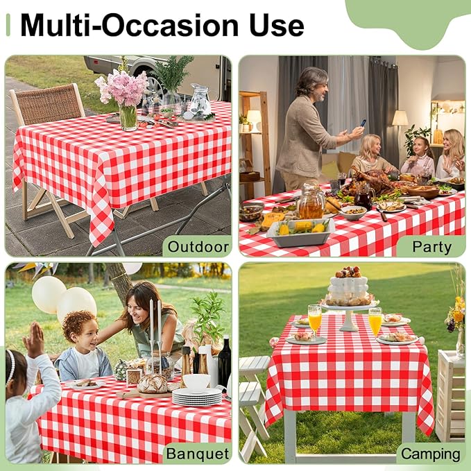 Smiry 3 Pack Red Gingham Disposable Tablecloths, 54" x 108" Rectangle Plastic Checkered Table Cloth, Waterproof Buffalo Plaid Table Covers for Picnic, Outdoor, Birthday, Party