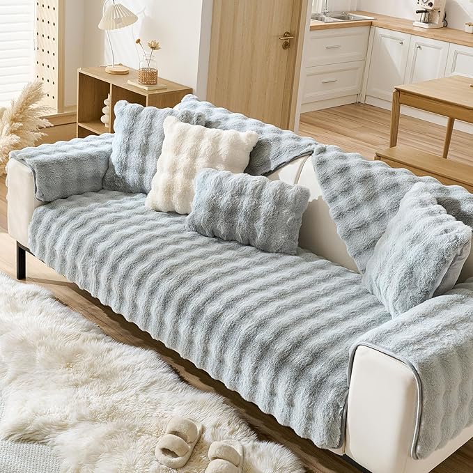 Faux Fur Couch Cover Fuzzy Soft Plush Thick Bubble Sofa Cover Luxury Sectional Couch Covers Luxury Anti-Slip Sofa Slipcover Washable Furniture Protector (Light Grey,36"x47")