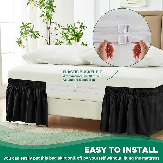 Biscaynebay Wrap Around Bed Skirts for Queen Beds with Extra Long Drop of 25", Black Adjustable Elastic Dust Ruffles Easy Fit Wrinkle Resistant Silky Luxurious Fabric Machine Washable