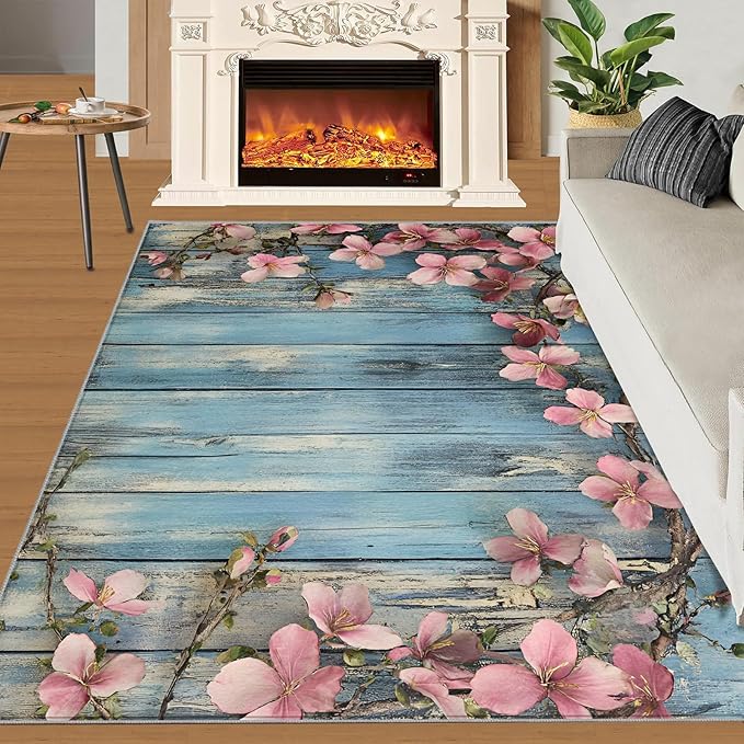 4x5 Vines Indoor Outdoor Rug - Vintage Wood Panels Bedside Rug, Rural Flowers Washable Entry Way Rugs Kids Carpet for Inside House Playroom Living Room End Table Nursery