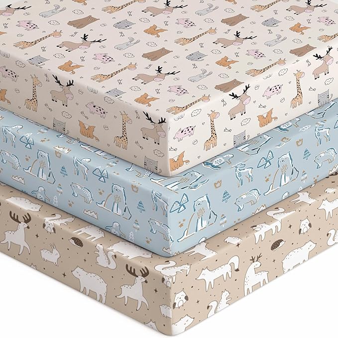 Baby Crib Sheets for Boys Girls, 28x52x8in Fitted Crib Sheet Neutral 3 Pack for Standard Crib and Toddler Mattress, Breathable Soft Microfiber Baby Sheet Blue & Apricot Bear
