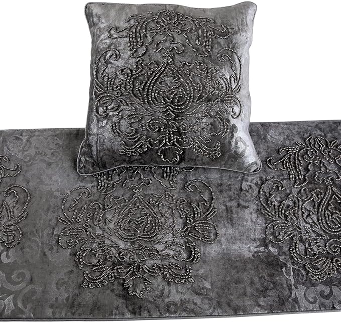 HomeCentric Designer Handmade Bed Runner with Decorative Throw Pillow Cover, 68 x 18 Inch Damask Foil Velvet Embroidery Bed Scarf