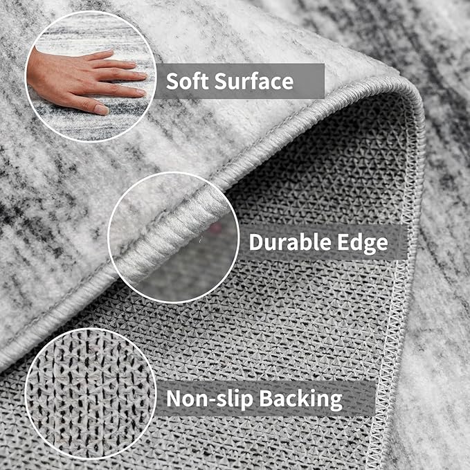3x6 Washable Runner Rug for Family: Easy-to-Clean Runners for Hallway Entryway Kitchen Bedroom - Stain and Water Resistant Rugs with Non-Slip Backing - Soft Low-Pile Carpet Grey