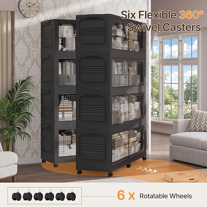 Extra Large Stackable Storage Bins with Lid, 210Gal/840QT Foldable Collapsible Storage Box with Doors, Wheels and Drawers, Plastic Closet Organizer Container for Kitchen, Bedroom, Dorm, 3Pack