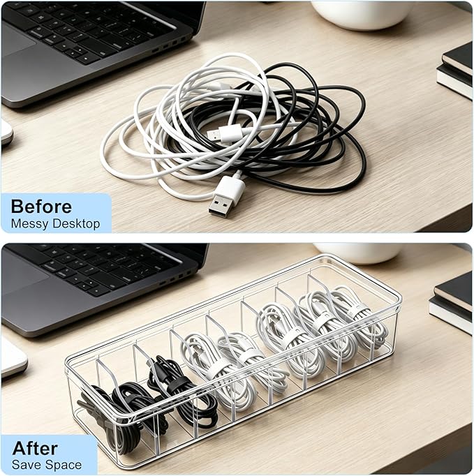 Cheardia 4 Pack Cable Organizer Box with Wire Ties, 2 Style Plastic Cord Storage Box, 10 In Adjustable Clear Charger Organizer with Lid for Electronics Office Home Desk Accessories