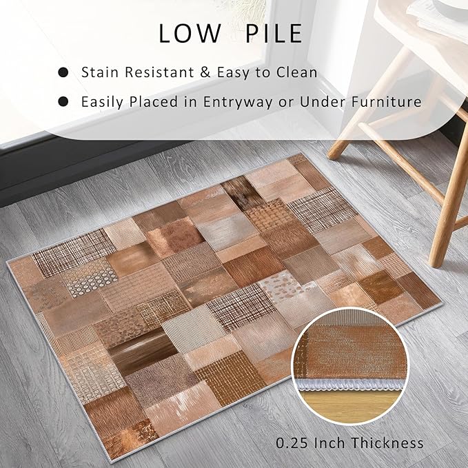 Patchwork Rug, Washable 6x9 Rug for Living Room, Geometric Brown Patterned Indoor Carpet, Patchwork Decor for Home, Bedroom, Soft Non Slip Thin Design FER11