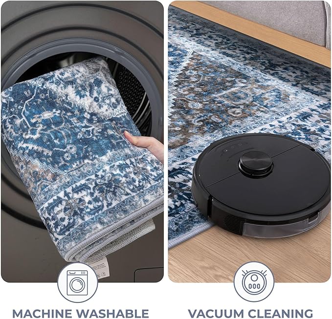 KOZYFLY Area Rug 4x6 Ft Washable Rugs for Entryway Non Slip Kitchen Mats for Floor Rugs for Living Room Printed Faux Wool Vintage Throw Rug for Entrance Bedroom Kitchen Living Room, Blue