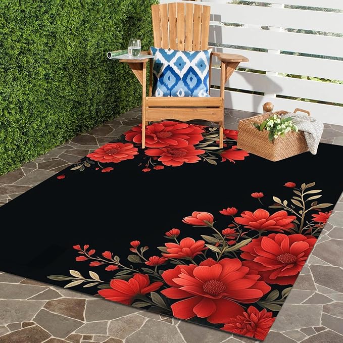 Botanical Floral Pattern 7x10 Outdoor Rug for Patio Deck Camping Balcony Porch Garden Backyard Flower Print Large Carpet Black Red Soft Waterproof Non Slip Outside Mat