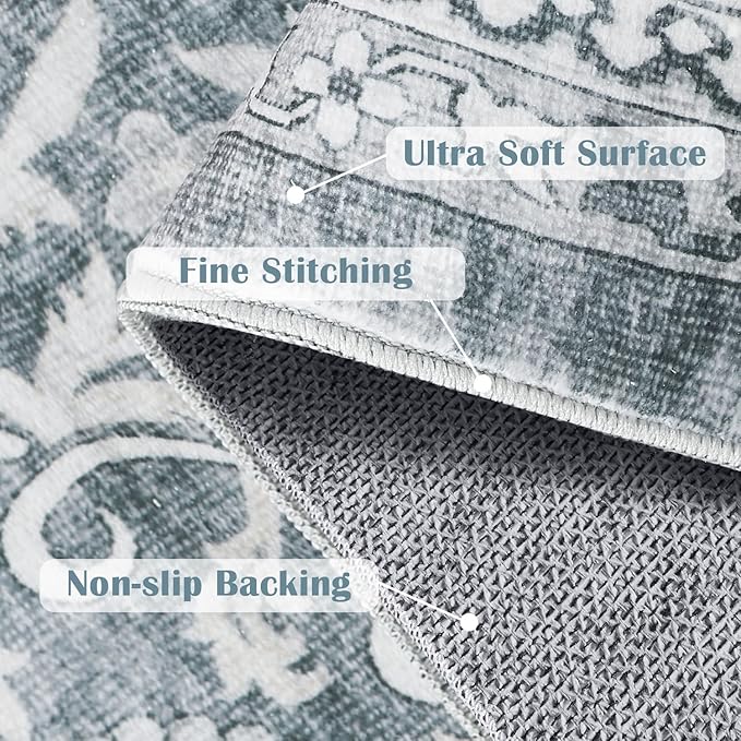 jinchan Floral 9x12 Area Rugs for Living Room - Machine Washable Vintage Distressed Boho Design Soft Throw Rug Large Carpet Low-Pile Thin Non-Slip for Bedroom Dining Room Nursery (9‘x12', Grey)