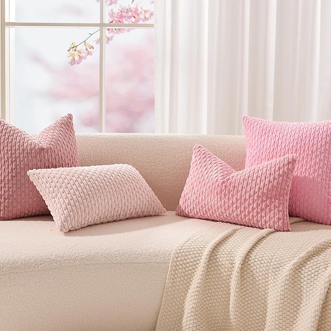 Kevin Textile Valentines Day 12x24 Inch Pillow Cover 1 Pack Boho Decorative Soft Striped Corduroy Lumbar Farmhouse Accent Rectangle Cushion Case for Living Room Couch Sofa Bed, Pink