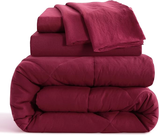 NTBAY Twin Comforter Set with Sheets, 5 Pieces Soft and Breathable Twin Bedding Set, Twin Bed in a Bag, Down Alternative Comforter Set Solid Color All Season, Kids Bedding Set, Wine Red