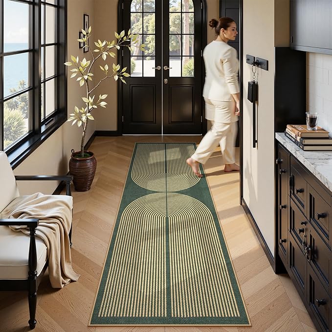 Lahome Modern Rainbow Easy Jute Kitchen Runner, 2x8 Indoor Outdoor Runner Rug for Hallway Entryway, Farmhouse Dark Green Non Slip Floor Carpet for Bedroom Foyer Laundry Room
