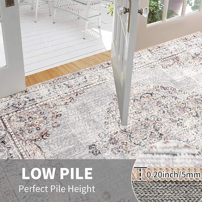 Easy-Going Boho Area Rug 2x3 Washable Entryway Rugs Front Door Mat Indoor Entrance Non-Slip Vintage Distressed Small Entry Rug for Living Room Kitchen Bathroom Office Lightweight Carpet, Grey Brick