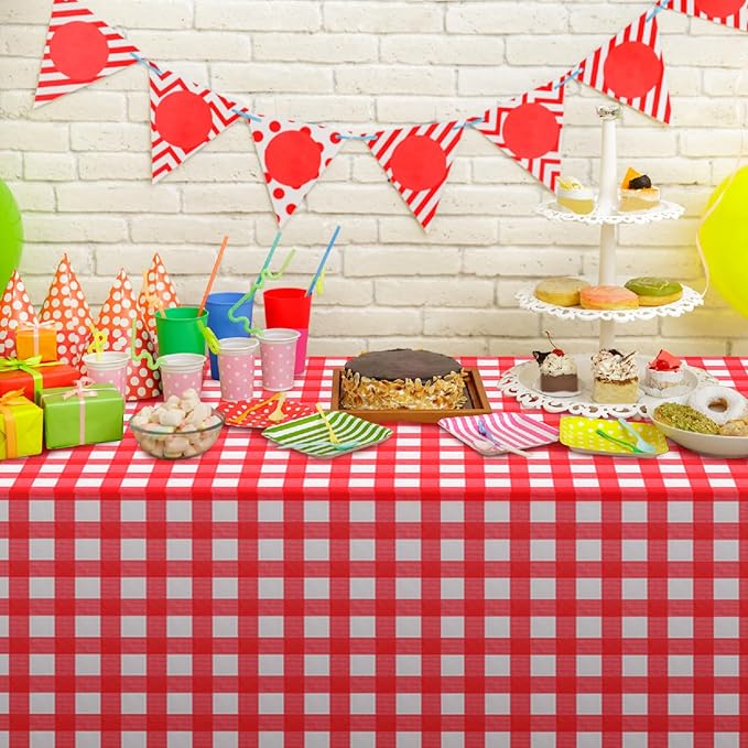 6 Pack Red and White Plastic Checkered Tablecloth, Premium Decorative Disposable Red Gingham Plaid Table Cloths for Parties, Rectangle Party Table Cover for Picnic Farm Birthday Wedding, 54x108 Inch