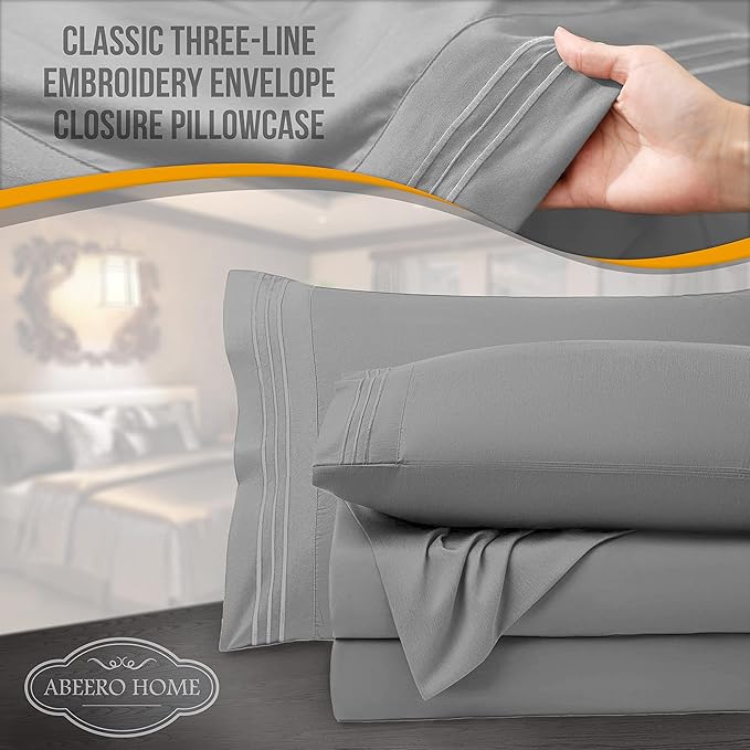 Twin Sheets Set - Luxury Hotel Bed Sheets - Soft Cooling Sheet with Elastic Corner Straps - Deep Pocket Microfiber Bedsheet - Bedding Sheet & Pillowcases -3 PC (Twin Size, Light Gray)