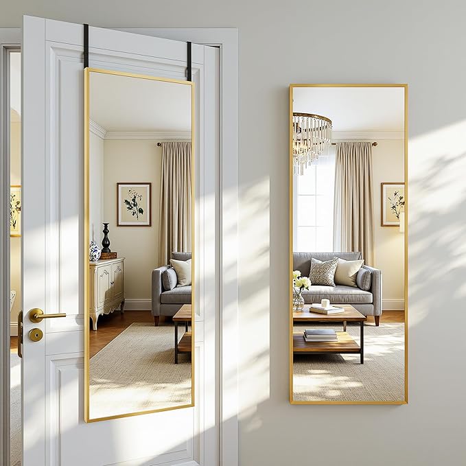 Antok 58''x 20'' Full Length Mirror Over Door, 4-in-1 Standing Leaning Wall Mounted, Adjustable Hanging Mirror for Bedroom Living Room, Gold, Rect Corner