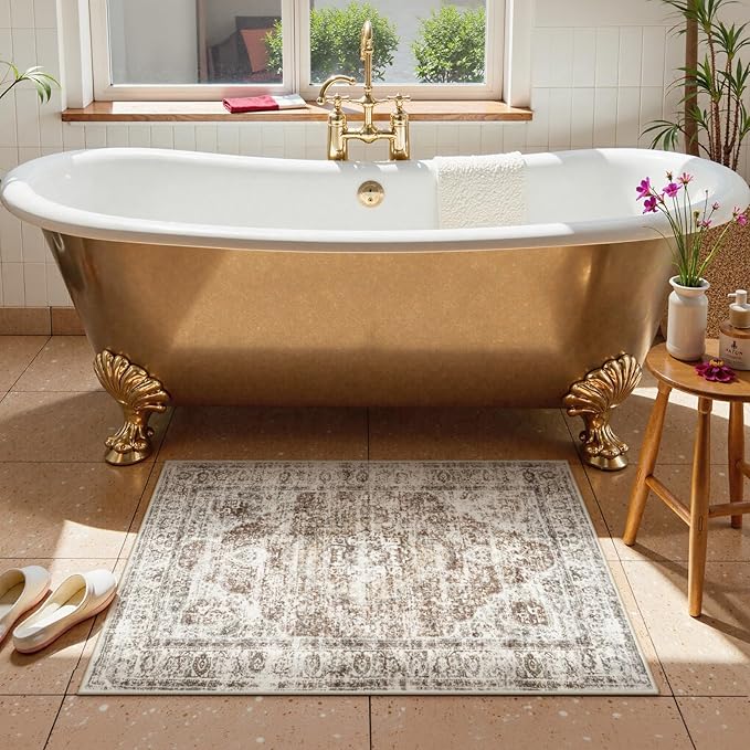 Uphome Boho Bathroom Rugs, Distressed Farmhouse Khaki Bath Mat, Comfy Velvet Small Bath Rugs Non Slip Washable, Vintage Oriental Toilet Rug for Sink Shower Vanity, 20x32 inch