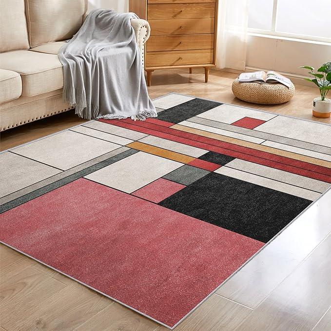 6x9 Abstract Geometric Rugs for Bedroom Decor, Washable Black White Red Geometry Pattern Area Rug, Living Room Home Decoration, Non Slip Soft Thin, Minimalist Modern Decor Carpet PF-P 49