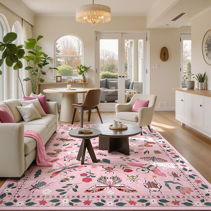 Lahome Insect Machine Washable Rugs 5x7, Soft Modern Pink Rugs for Bedroom Girls Living Room, Non Slip Ultra-Thin Stain Resistant Accent Carpet for Dining Room Nursery(5'x7',Pink)