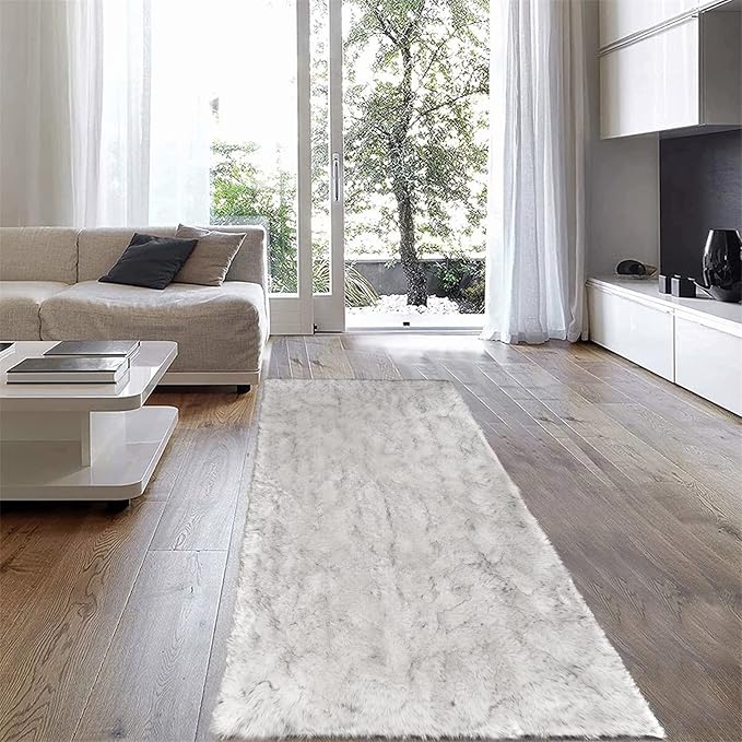Latepis 2x5 Runner Faux Fur Rug White with Grey Tips Rugs Washable Sheepskin Rug Fluffy Shaggy Fuzzy Bedroom Rugs for Teen Room Décor, Runner