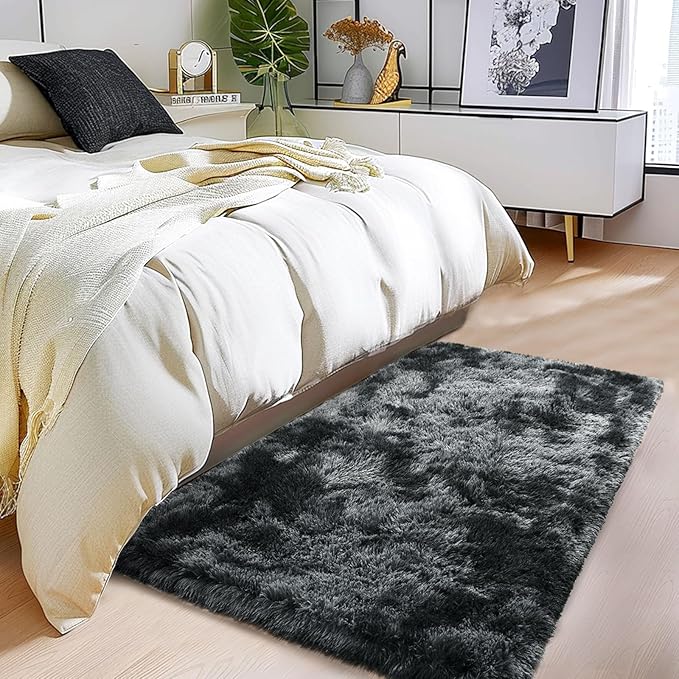Height Pile 1.4" Plush Rug Shaggy Soft Fluffy Rug Non-Slip Indoor Floor Carpet for Living Room Plush Carpet for Living Room Tie-Dyed Black Grey 2x3 Feet