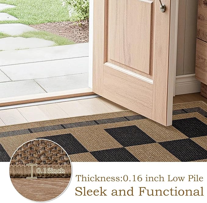 Vasofe 2x6 Runner Rug for Hallway, Washable Checkered Jute Rugs, Outdoor Indoor Patio Porch Balcony Bedroom Kitchen Laundry Geometric Mat, Non Slip Plaid Farmhouse Design Carpet, Black and Brown