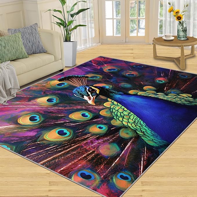 Peacock Rugs for Bedroom - 5x7 Area Rug - Watercolor Peacock Rugs for Living Room, Abstract 3D Animal Rug, Non-Slip Washable Home Decor Carpet