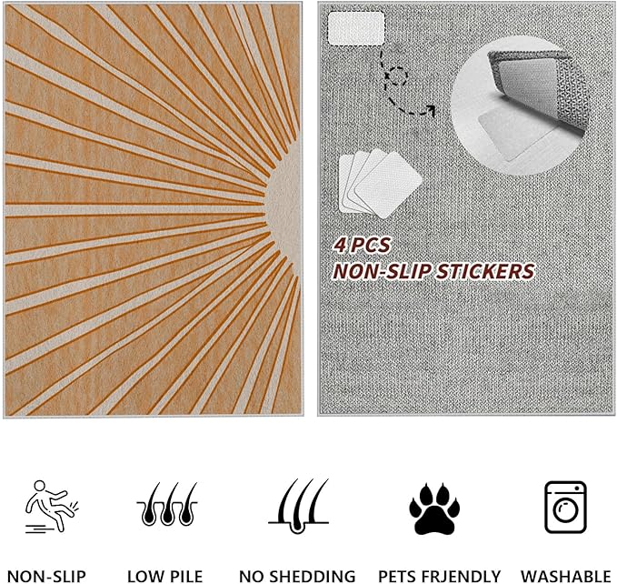 Boho Sun Print Area Rug for Living Room 5x8, Modern Abstract Non-Slip Washable Rugs, Soft Stripe Minimalism Carpet for Bedroom, Nursery, Entryway, Dining Room & Office Decor, Orange White