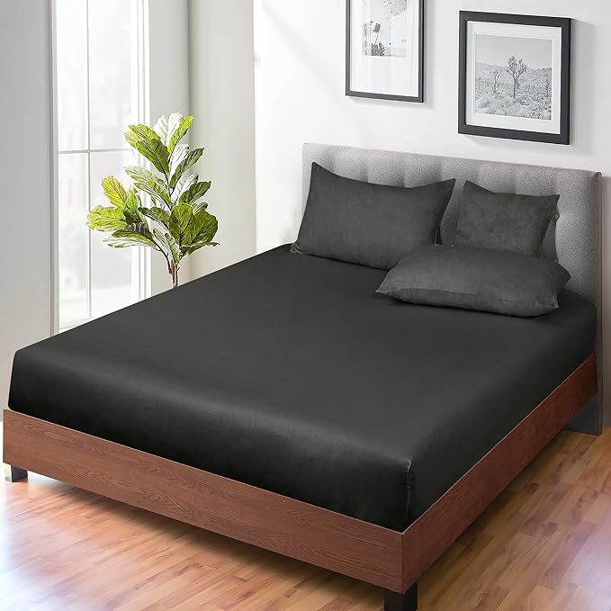 ROYALE LINENS 300 Thread Count 100% Long Staple Combed Cotton Fitted Sheet Queen - Super Soft Deep Pocket Bottom Sheet - Fitted Sheets Only - Elastic Sheets (Queen, Black)
