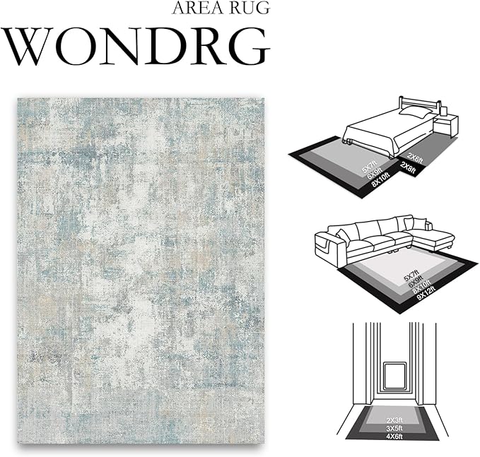 3x12 Washable Runner Rug Blue Cream Abstract Hallway Kitchen Throw Rug Neutral Modern Non Slip Soft Low Pile Lightweight Carpet for Bathroom Laundry Bedroom Living Room