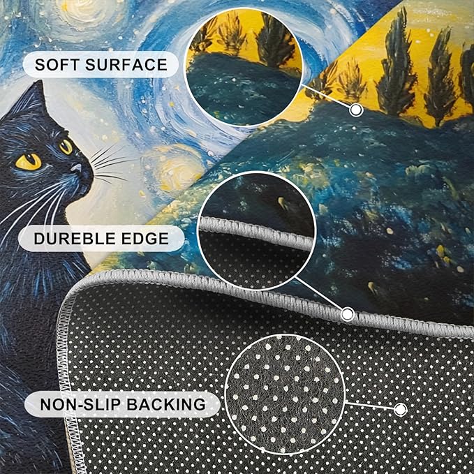 Black Cat Rugs for Bedroom - 4x5 Area Rug - Starry Sky Countryside Rugs for Living Room, Vintage Oil Painting Art Rug, Washable Home Decor Carpet