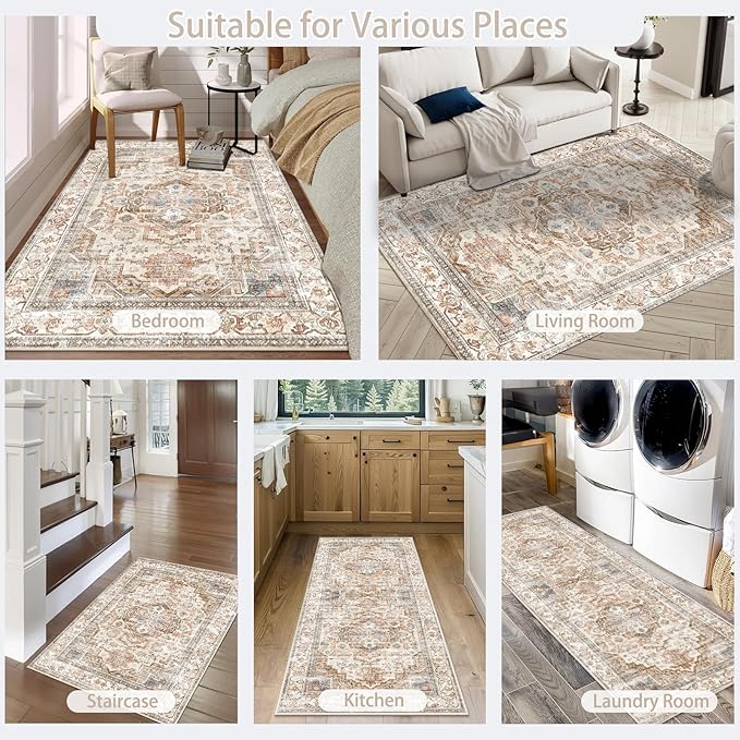 Enkor Area Soft Rugs 2x3 Washable Non Slip Boho Small Floor Entryway Rugs for Hallway, Vintage Style Farmhouse Mat for Kitchen Beige & Brown