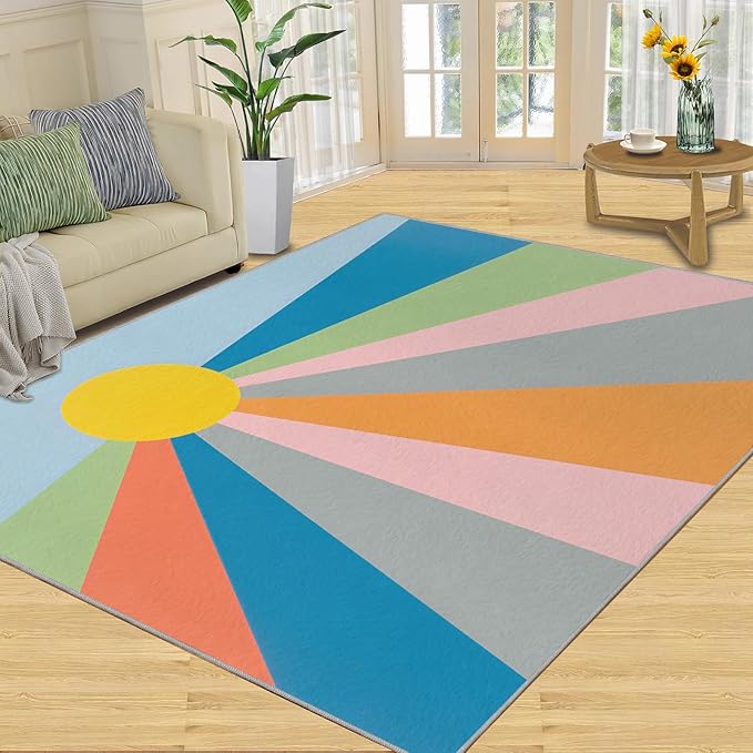 Boho Sun Area Rugs 5x8ft, Abstraction Deco Living Room Carpet, Minimalist Sunburst Decorative Carpet Protect Floor for Bedroom Men Office Hardwood Floors