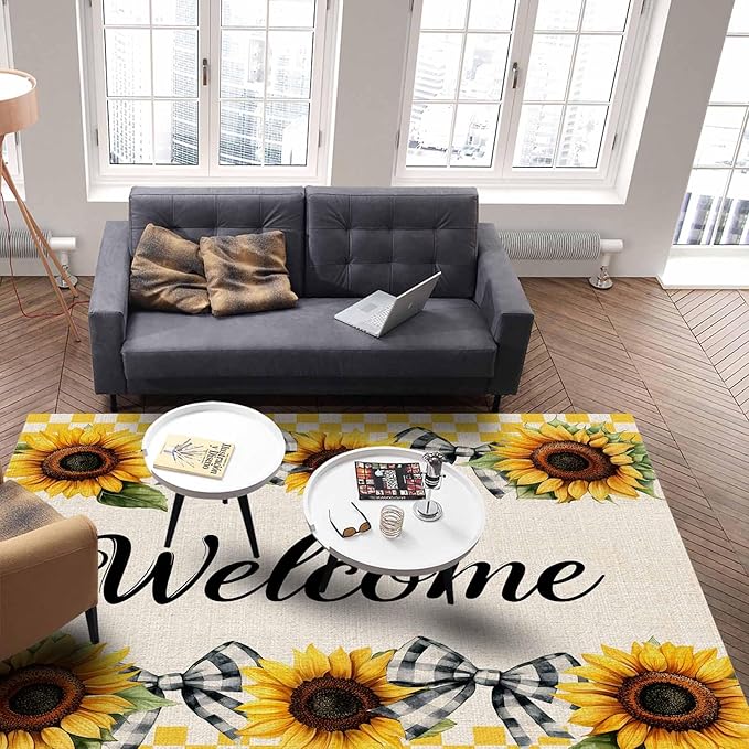 Summer Sunflowers Rectangular Welcome Area Rugs for Living Room Bedroom 5 x 6.9 ft Bow Tie Plaids Non-Shedding Soft Low Pile Rug Rustic Linen Non Slip Washable Rug for Nursery Entryway Playroom