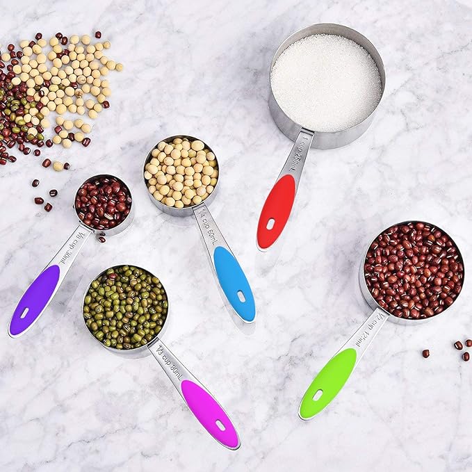 Measuring Cups & Spoons Set of 16, Wildone Premium Stainless Steel Measuring Cups and Measuring Spoons with Colored Silicone Handle, Including 8 Nesting Cups, 8 Spoons, for Dry and Liquid Ingredient