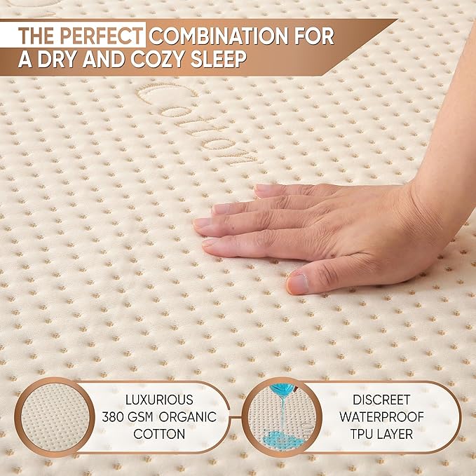 Luxury Waterproof Organic Mattress Protector Twin - Organic Cotton Breathable Mattress Pad Cover - Premium 380 GSM Comfort - Deep Pocket - Jersey Cotton Skirt - Fitted Design