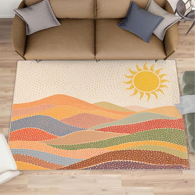 Boho Sun Area Rugs 5x8ft, Mosaic Sunburst Living Room Carpet, Dotted Gradient Hills Decorative Carpet Protect Floor for Bedroom Men Office Hardwood Floors