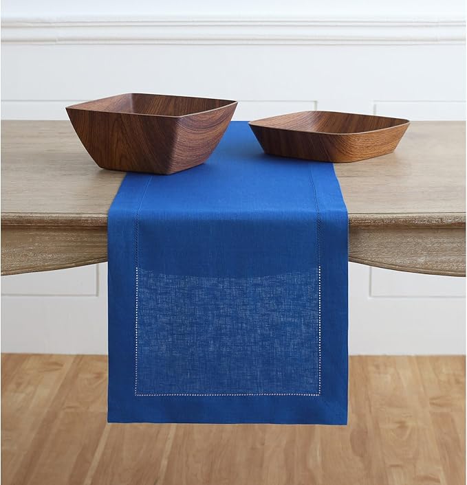 Solino Home Linen Royal Blue Table Runner 36 Inches - Classic Hemstitch, 100% Pure Linen Coffee Table Runner 14 x 36 Inch Ideal for Dresser Tables, Christmas, New Year