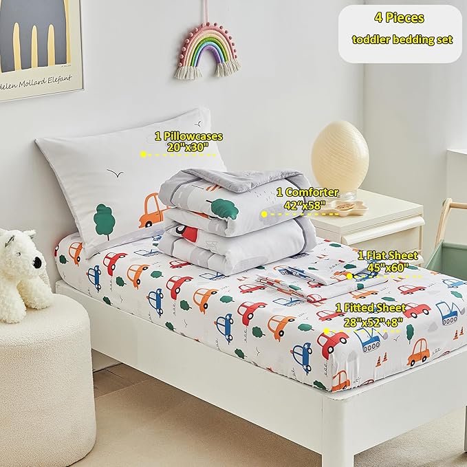 DuShow 4 Pieces Cars Toddler Bedding Set for Boys,Soft Toddler Bed Set in a Bag,Toddler Bed Comforter Set Includes Quilted Comforter, Flat Sheet, Fitted Sheet and Pillowcase