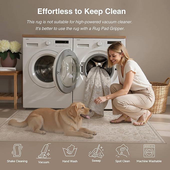HUGEAR 8x10 Machine Washable Area Rugs Vintage Grey - Neutral Living Room Bedroom Rug Non Slip Stain Resistant Low Pile Aesthetic Throw Carpet Kids & Pet Friendly