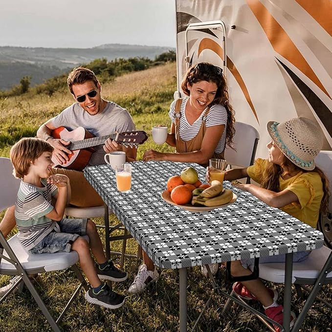 Picnic Table Cover with Bench Covers and Bag, Camping Essentials, Buffalo Plaid Waterproof and Windproof, Fitted Tablecloth Cover with Elastic Edge, for Outdoor, 3 PCS, (Black & White, 30"x60")