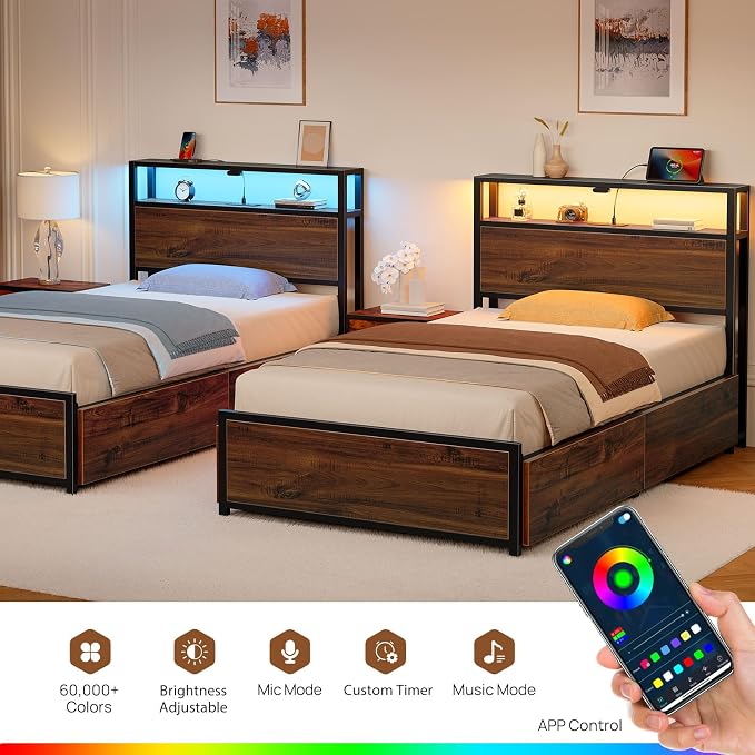 Rolanstar Twin Bed Frame with 4 Storage Drawers, Charging Station and LED Lights